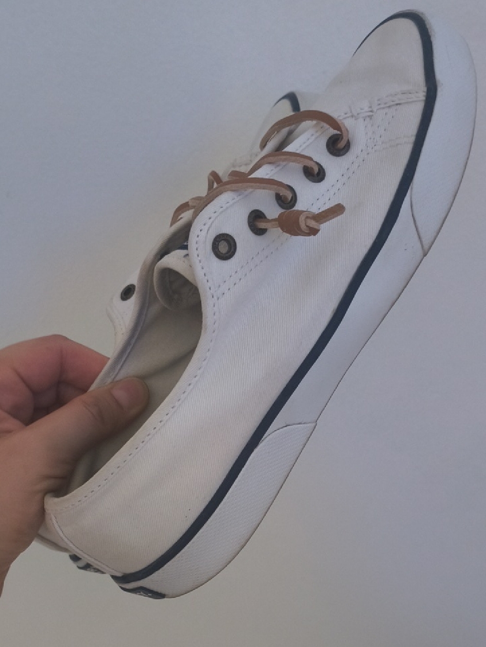 Sperry White Canvas Low-Top Sneaker with Navy Trim and Tan Laces
